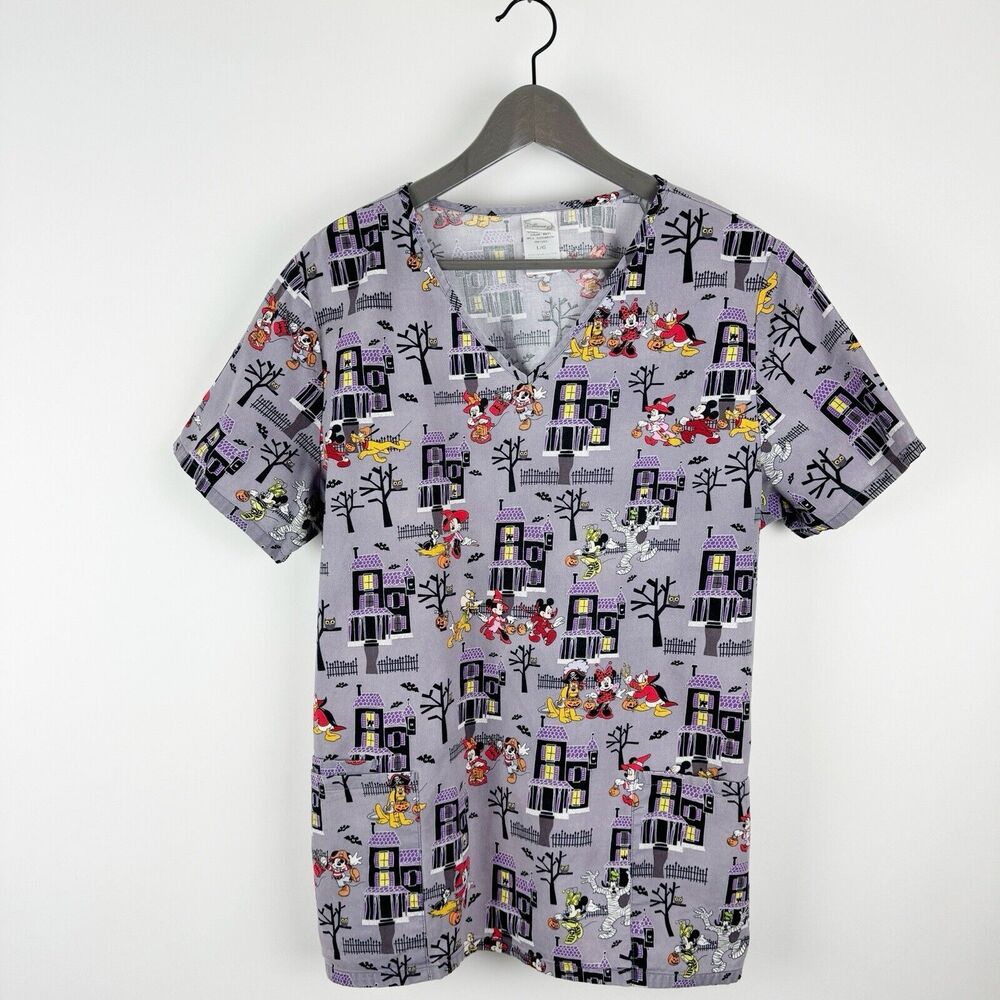 Disney Scrub Top Women's Mickey Minnie Mouse Halloween Trick or Treat Size Large